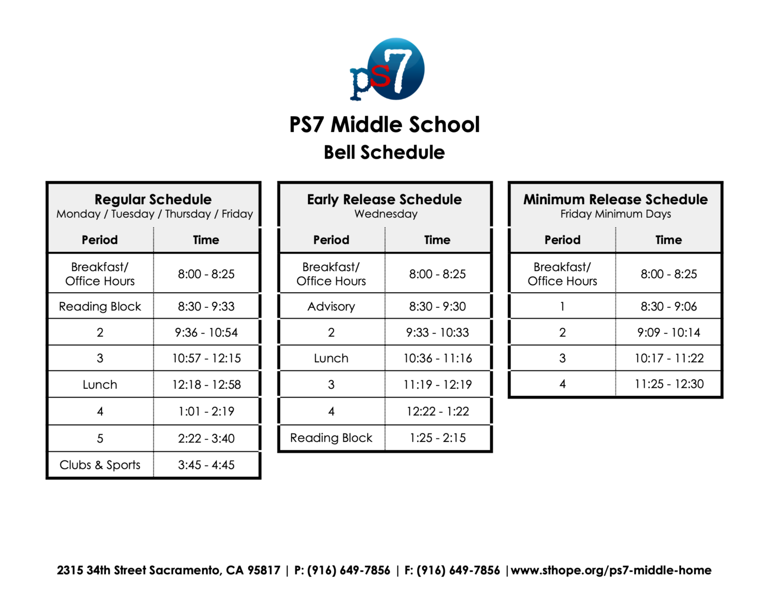 Bell Schedule St Hope PS7 Middle